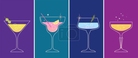 Téléchargez les illustrations : Moderne collection de cocktails d'été plat. Fond coloré avec des verres à cocktail. Concept d'affiche de célébration et bannière web. Illustration vectorielle - en licence libre de droit