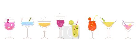 Téléchargez les illustrations : Moderne collection de cocktails d'été plat. Fond coloré avec des verres à cocktail. Concept d'affiche de célébration et bannière web. Illustration vectorielle - en licence libre de droit
