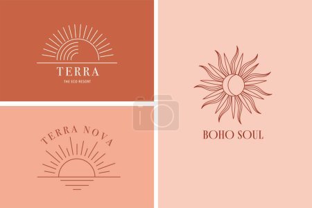 Illustration for Bohemian linear sun logos, icons and symbols, minimalist arc and window design templates, geometric abstract design elements for decoration. Vector line art design - Royalty Free Image