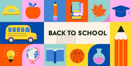 Illustration for Vibrant Color Back To School background concept design. Geometrical flat style illustration, banner and poster. School supplies and yellow bus vector illustration - Royalty Free Image