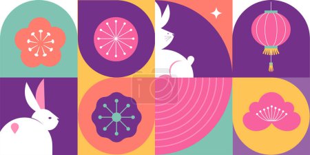 Illustration for Mid Autumn Festival. Chuseok, Chinese New Year. Mooncakes, lantern, bunnies, and rabbits, vector background and poster - Royalty Free Image