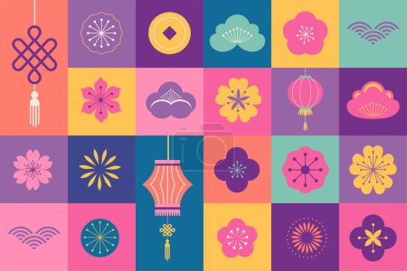 Illustration for Mid Autumn Festival. Chuseok, Chinese New Year. Mooncakes, flowers and lanterns, vector background and poster - Royalty Free Image