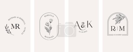 Ilustración de Logotipos de la boda, dibujado a mano elegante, delicada y minimalista colección monograma. Diseño del vector botánico - Imagen libre de derechos