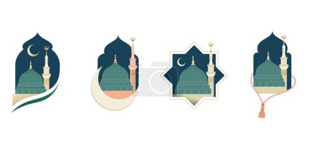 Téléchargez les illustrations : Mawlid al-Nabi, Prophète Muhammads Bannière d'anniversaire, affiche et carte de voeux avec le dôme vert de la mosquée des Prophètes. Illustration vectorielle. - en licence libre de droit