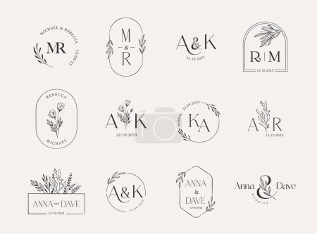 Illustration for Wedding logos, hand drawn elegant, delicate and minimalist monogram collection. Botanical vector design - Royalty Free Image