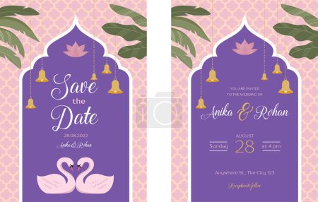 Illustration for Indian Wedding Invitation and Save the date templates set. Exotic wedding theme with palms and swans. Vector illustration - Royalty Free Image