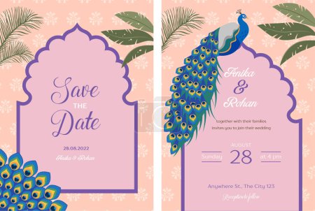 Indian Wedding Invitation and Save the date templates set. Exotic wedding theme with palms and peacock. Vector illustration