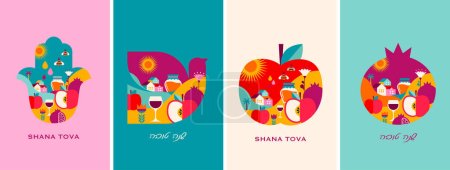 Téléchargez les illustrations : Rosh Hashanah, symboles, objets et illustrations du Nouvel An juif. Pomme, Grenade, Hamsa et Colombe, remplis d'icônes et de symboles traditionnels. Traduire de l'hébreu - Bonne année - en licence libre de droit