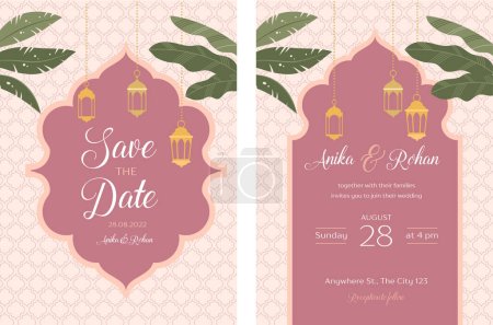 Indian Wedding Invitation and Save the date templates set. Exotic wedding theme with palms and lanterns. Vector illustration