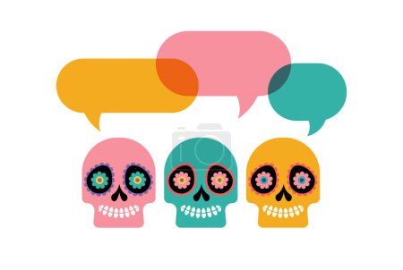 Ilustración de Calaveras coloridas con burbujas del habla, calaveras mexicanas de azúcar para el estilo moderno Día de los muertos, día de los muertos. Ilustración vectorial - Imagen libre de derechos