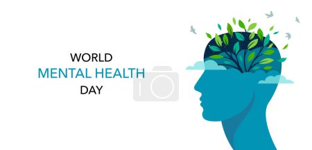 Illustration for World Mental Health day, concept design with abstract human head profile, flowers and birds. Vector Illustration - Royalty Free Image