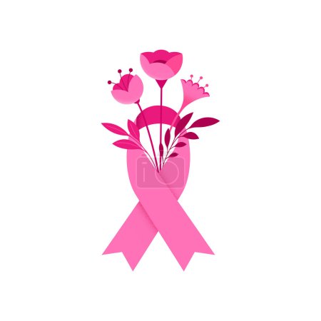 Illustration for Breast Cancer Awareness Month. Concept design with pink ribbon and flowers. Vector Illustration - Royalty Free Image
