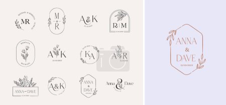Ilustración de Logotipos de la boda, dibujado a mano elegante, delicada y minimalista colección monograma. Diseño del vector botánico - Imagen libre de derechos
