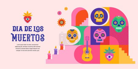 Illustration for Dia de los muertos, Day of the dead, Mexican holiday, festival. Vector poster, banner and card in modern geometrical style, with skulls, church, guitar and flowers. Vector illustration - Royalty Free Image