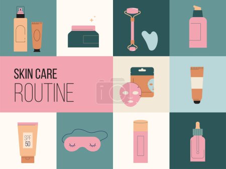 Illustration for Skin Care products illustrations, skincare routine. Cream, lotion, mask, eye cream and sunscreen bottles. Vector design - Royalty Free Image