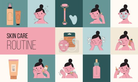 Illustration for Skincare routine illustrations with cute girls. Cream, lotion, mask, eye cream and sunscreen bottles. Vector concept design - Royalty Free Image