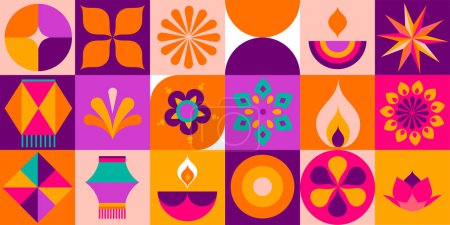 Téléchargez les illustrations : Joyeux Diwali, fête de la lumière. Design minimaliste géométrique moderne. Affiche, bannière et modèle de médias sociaux. Conception de concept vectoriel - en licence libre de droit