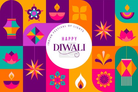 Téléchargez les illustrations : Joyeux Diwali, fête de la lumière. Design minimaliste géométrique moderne. Affiche, bannière et modèle de médias sociaux. Conception de concept vectoriel - en licence libre de droit