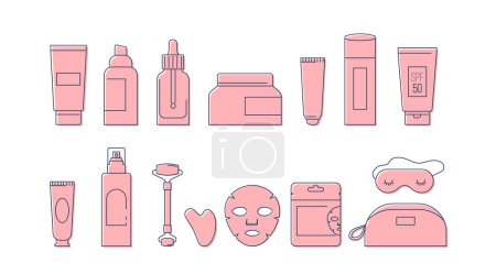 Ilustración de Productos para el cuidado de la piel ilustraciones, rutina de cuidado de la piel. Crema, loción, mascarilla, crema para los ojos y botellas de protector solar. Diseño vectorial - Imagen libre de derechos