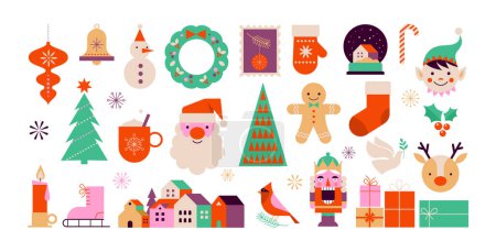 Ilustración de Feliz Navidad lindos elementos de estilo minimalista moderno, colección de ilustraciones. Santa Claus, decoraciones navideñas, árbol de Navidad, cajas de regalo y mucho más. Diseño vectorial - Imagen libre de derechos