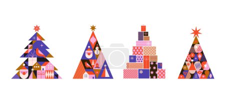 Téléchargez les illustrations : Collection d'arbres de Noël dans un style géométrique minimaliste moderne. Illustration colorée dans un style de dessin animé vectoriel plat. Arbres de Noël avec motifs géométriques, étoiles et éléments abstraits - en licence libre de droit