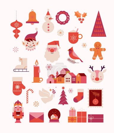 Illustration for Merry Christmas cute modern minimalist style elements, illustrations collection. Santa, Christmas decorations, Christmas tree, Gift boxes and more. Vector design - Royalty Free Image