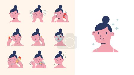 Illustration for Skincare routine illustrations with cute girls. Cream, lotion, mask, eye cream and sunscreen bottles. Vector concept design - Royalty Free Image