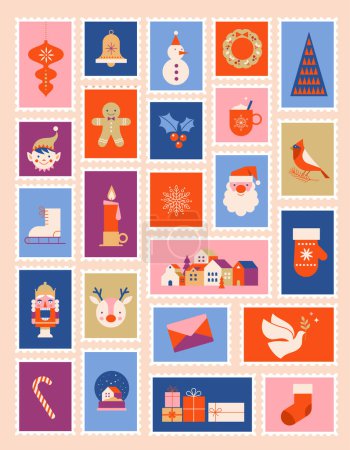 Illustration for Advent Calendar, Post stamps vintage design, Merry Christmas poster, printable template with Xmas elements in modern minimalist style. Vector illustration and concept design - Royalty Free Image