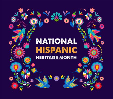 Illustration for Hispanic heritage month. Vector web banner, poster, card for social media, networks. Greeting with national Hispanic heritage month text, flowers on floral pattern background. Vector illustration - Royalty Free Image