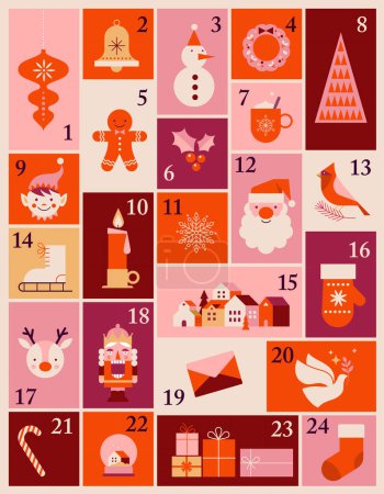 Illustration for Advent Calendar, Merry Christmas poster, printable template with Xmas elements in modern minimalist style. Vector illustration and concept design - Royalty Free Image