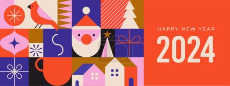 Ilustración de Fondo simple de Navidad, elegante estilo geométrico minimalista. Feliz año nuevo banner. Copos de nieve, decoraciones y elementos de árboles de Navidad. Diseño de concepto limpio de vector retro - Imagen libre de derechos