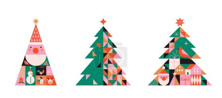 Téléchargez les photos : Collection d'arbres de Noël dans un style géométrique minimaliste moderne. Illustration colorée dans un style de dessin animé vectoriel plat. Arbres de Noël avec motifs géométriques, étoiles et éléments abstraits - en image libre de droit