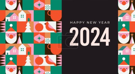 Illustration for Happy New Year 2024. Christmas design in modern minimalist geometric style. Colorful illustration in flat cartoon style. Xmas tree with geometrical patterns, stars and abstract vector elements - Royalty Free Image