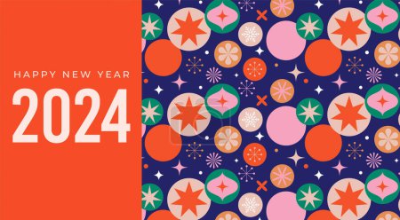Illustration for Christmas background in modern minimalist geometric style. Colorful illustration in flat vector cartoon style. Christmas decorations with geometrical patterns, stars and abstract elements - Royalty Free Image