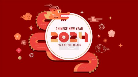 Téléchargez les photos : Nouvel An lunaire, bannière, Nouvel An chinois 2024, Année du Dragon. Vecteur géométrique plat style moderne - en image libre de droit