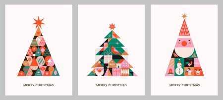Téléchargez les photos : Arbres de Noël dans un style géométrique minimaliste moderne. Modèles d'histoire, affiches, cartes. Illustration colorée dans un style de dessin animé plat. Arbres de Noël avec motifs géométriques, étoiles et vecteur abstrait - en image libre de droit
