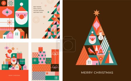 Téléchargez les photos : Arbre de Noël dans un style géométrique minimaliste moderne. Illustration colorée dans un style de dessin animé vectoriel plat. Arbre de Noël avec motifs géométriques, étoiles et éléments abstraits - en image libre de droit