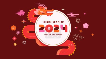Téléchargez les photos : Nouvel An lunaire, bannière, Nouvel An chinois 2024, Année du Dragon. Vecteur géométrique plat style moderne - en image libre de droit