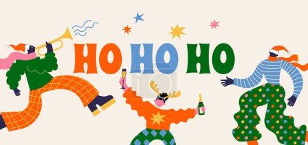 Téléchargez les illustrations : Amusant Joyeux Noël et bonne année bannière, fond de Noël et carte avec groovy, hippie personnages bizarres disproportionnés, porter le chapeau de Père Noël, danser, sauter et boire du champagne. Vecteur - en licence libre de droit