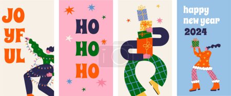 Téléchargez les illustrations : Amusant Joyeux Noël et bonne année bannière, fond de Noël et carte avec groovy, hippie personnages bizarres disproportionnés, porter le chapeau de Père Noël, danser, sauter et boire du champagne. Vecteur - en licence libre de droit