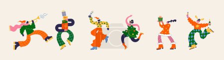 Ilustración de Diversión Feliz Navidad y Feliz Año Nuevo colección de groovy, hippie extraños personajes desproporcionados, con el sombrero de Santa y trajes de Navidad, baile, saltar y beber champán. Vector - Imagen libre de derechos
