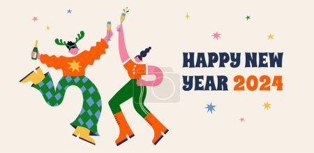 Illustration for Fun Merry Christmas and Happy New Year banner, Christmas background and card with groovy, hippie bizarre disproportionate characters, wearing Santa hat, dancing, jumping and drinking champagne. Vector - Royalty Free Image