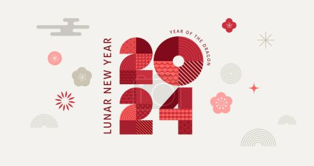 Illustration for Lunar new year background, banner, Chinese New Year 2024 , Year of the Dragon. Geometric vector flat modern style - Royalty Free Image