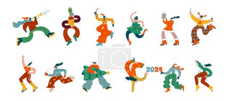 Fun Merry Christmas and Happy New Year collection of groovy, hippie bizarre disproportionate characters, wearing Santa hat and Xmas costumes, dancing, jumping and drinking champagne. Vector