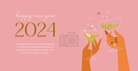 Téléchargez les photos : Bonne année, affiche, bannière et design de carte avec cocktails, boissons. Illustration vectorielle - en image libre de droit
