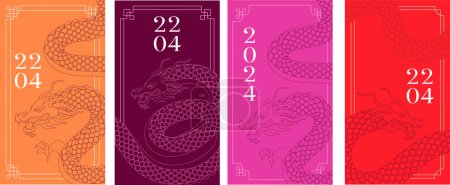 Chinesisches Neujahr, Drachenfest. Storyvorlagen, Briefumschläge, Grußkarten-Sammlung. Modernes minimalistisches Vektordesign
