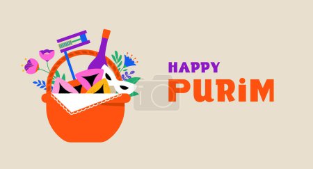 Illustration for Purim Carnival, Happy Carnival, colorful geometric background with clown, splashes, speech bubbles, masks and confetti. Vector design - Royalty Free Image