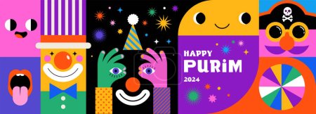 Purim Carnival, Happy Carnival, colorful geometric background with clown, splashes, speech bubbles, masks and confetti. Vector design
