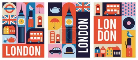 Téléchargez les illustrations : Londres, Royaume-Uni, Angleterre conception de bannière géométrique. Illustration modulaire colorée avec bâtiments londoniens, parasol, bus rouge, taxi, téléphone et plus encore. Apprendre l'anglais concept design. Éléments vectoriels - en licence libre de droit