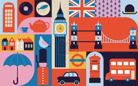 Ilustración de Londres, Reino Unido, Inglaterra diseño de banner geométrico. Ilustración modular colorida con edificios de Londres, paraguas, autobús rojo, cabina, teléfono y más. Aprende diseño de conceptos en inglés. Elementos vectoriales - Imagen libre de derechos